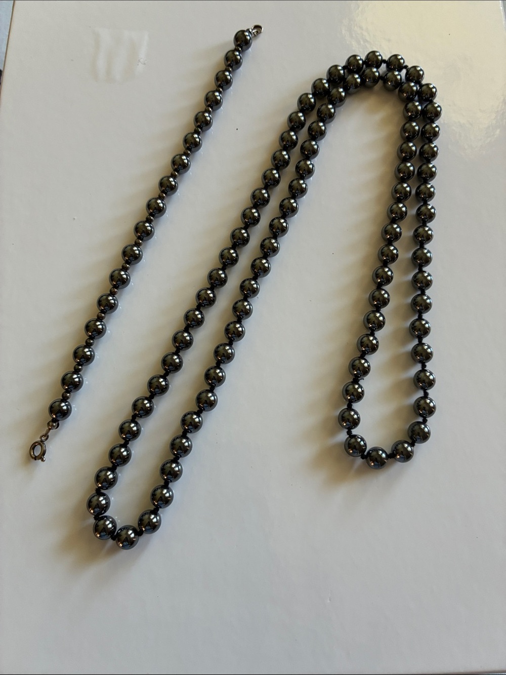 Vintage Polished Hematite Bead Necklace & Bracelet Set - Sleek Gunmetal Strand